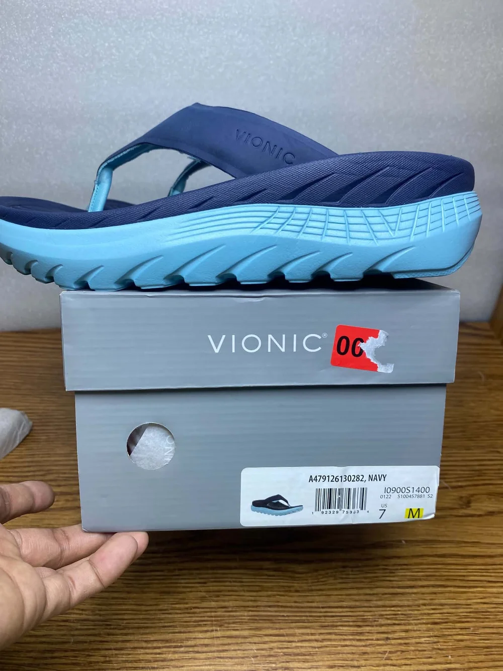 Vionic Thong Wedge Sandals Unisex Mens 7 Women's 9 Restore Navy Slip On Comfort